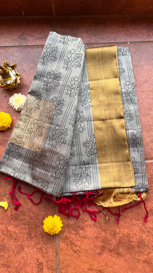 Grey and rani pink kanjivaram silk saree with blouse - Threads