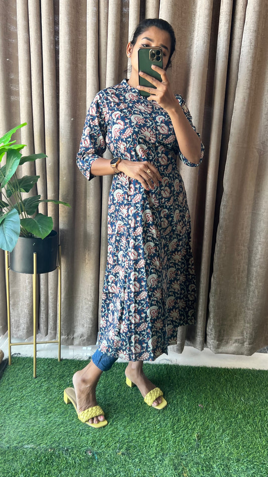 Blue floral silk cotton printed kurti top