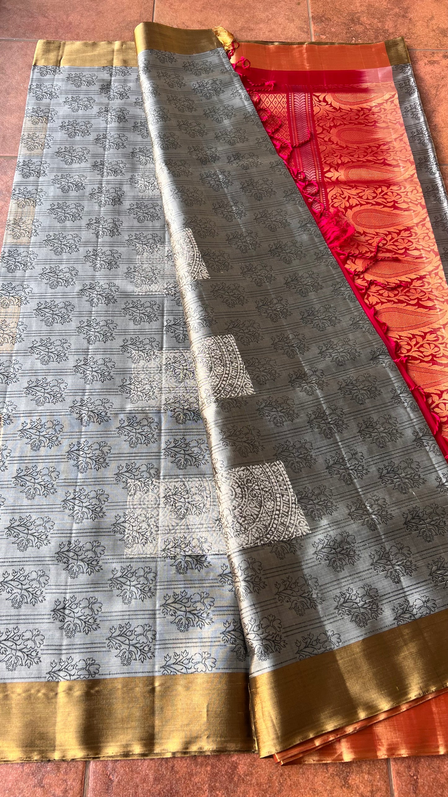 Grey and rani pink kanjivaram silk saree with blouse - Threads