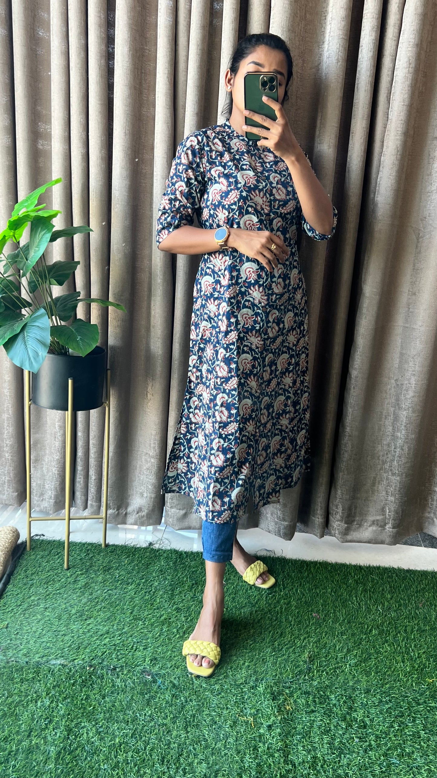 Blue floral silk cotton printed kurti top