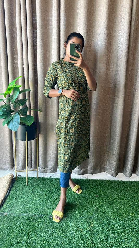 Green ajrak printed silk cotton kurti top