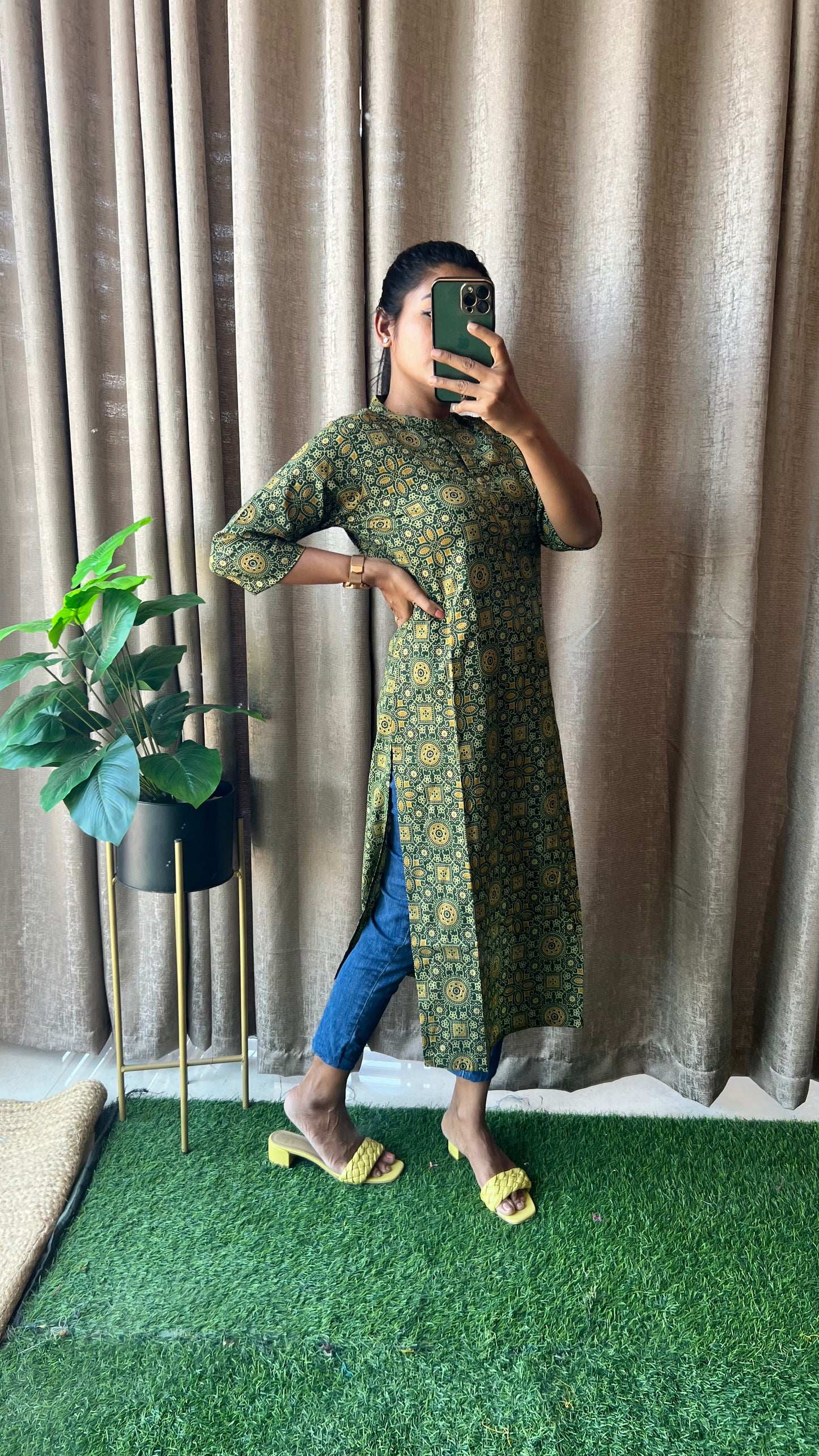 Green ajrak printed silk cotton kurti top