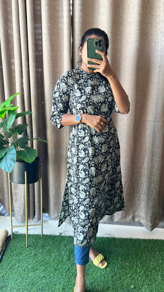 Black floral silk cotton printed kurti top