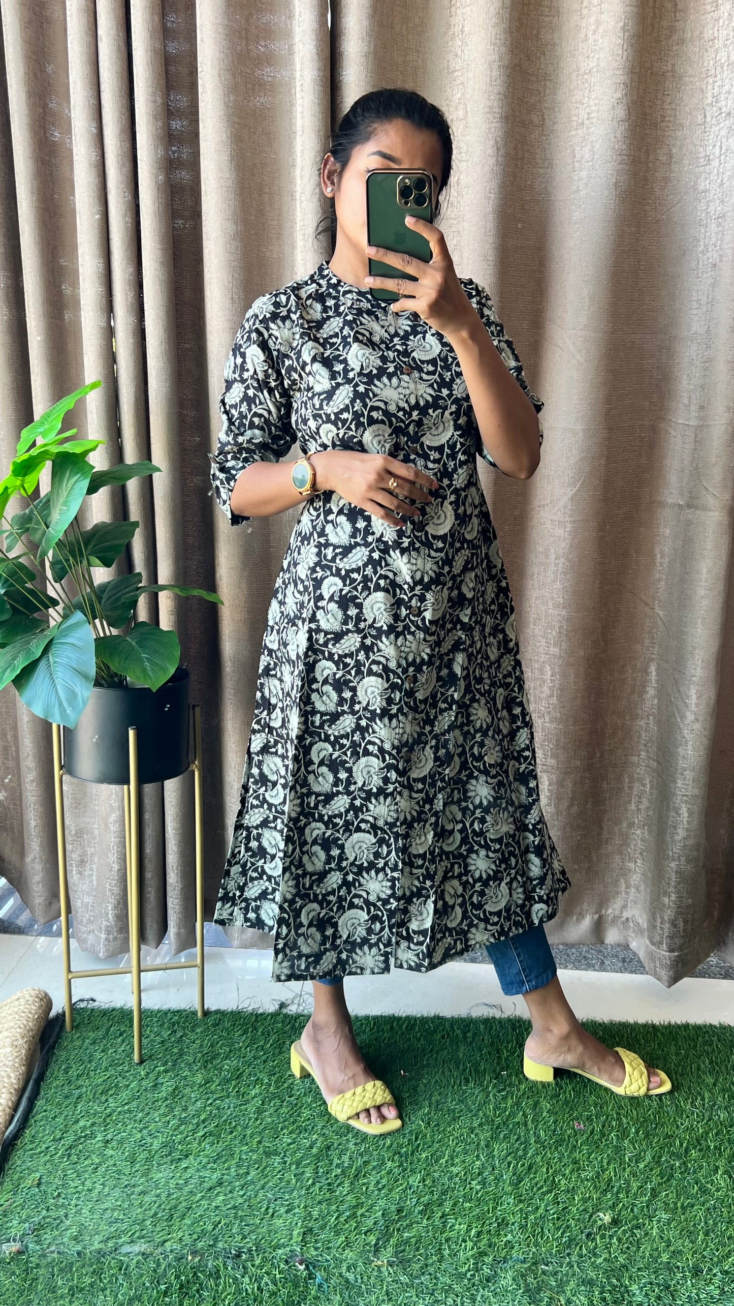 Black floral silk cotton printed kurti top