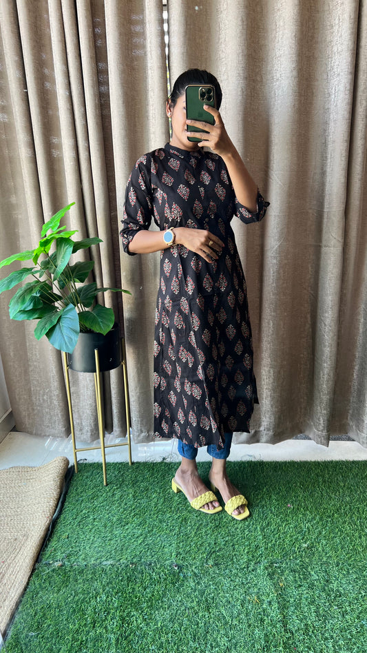 Black floral Cotton printed kurti top