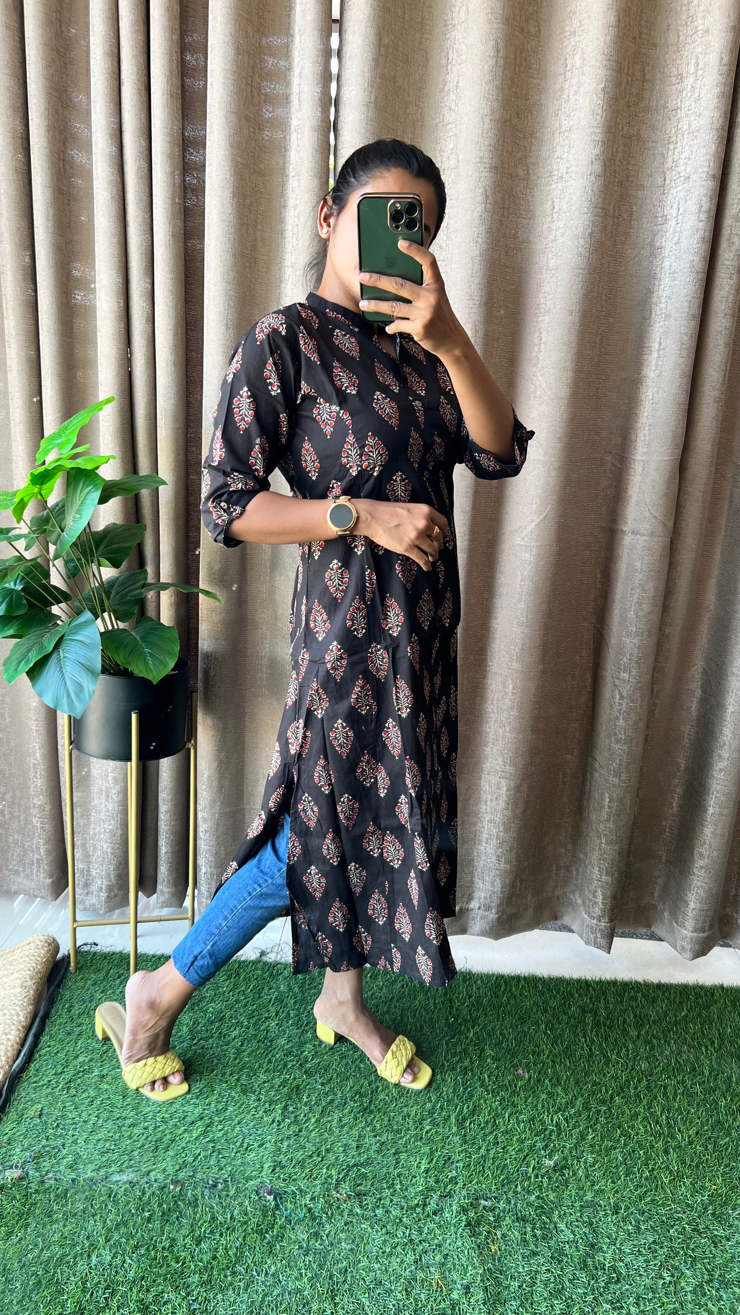 Black floral Cotton printed kurti top