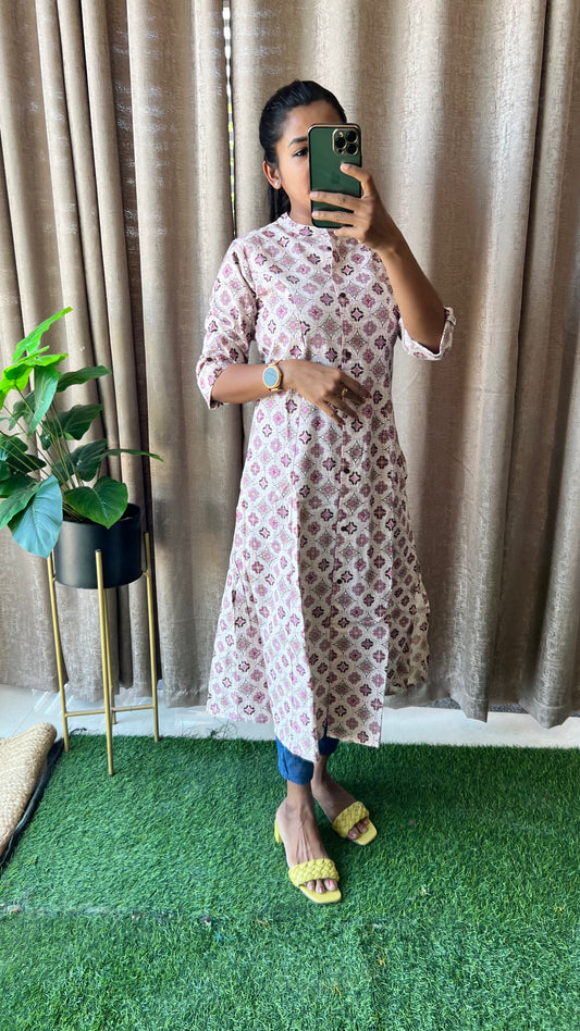 Cream floral Cotton printed kurti top