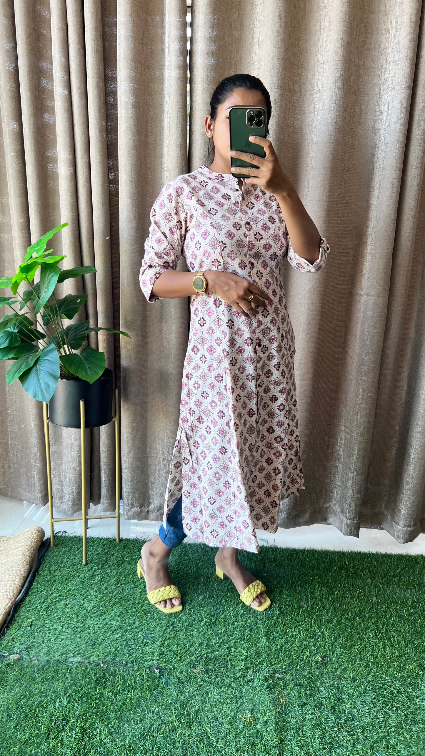 Cream floral Cotton printed kurti top