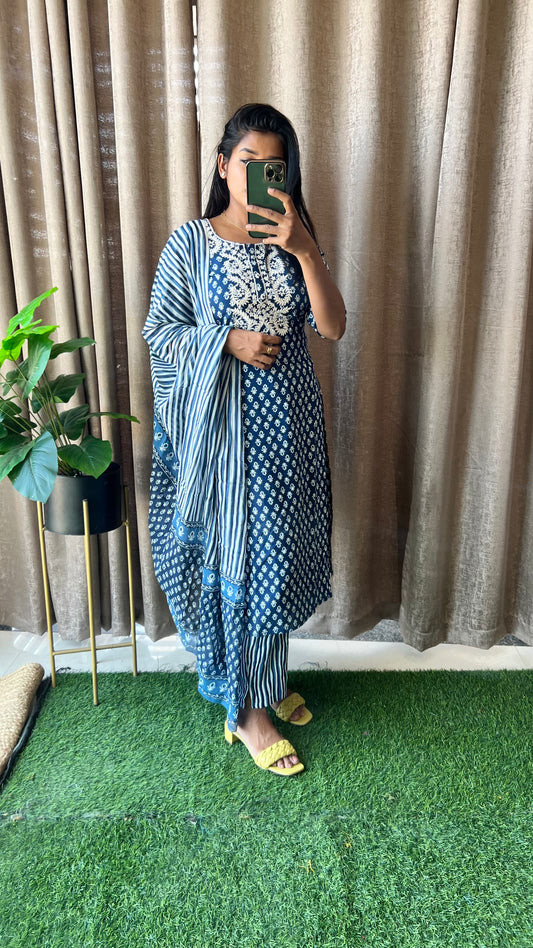 Blue cotton embroidered worked 3 piece kurti dress