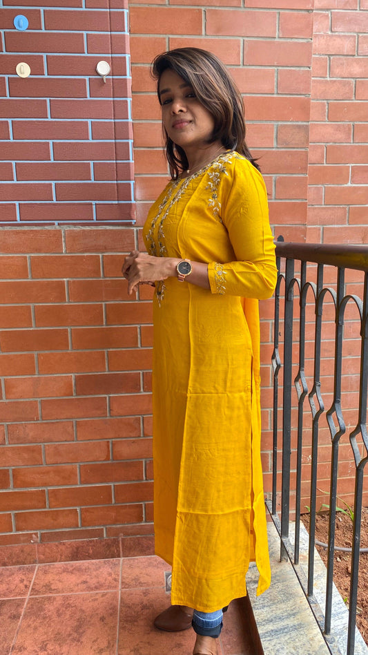 Yellow silk embroidery hand worked kurti top - Threads