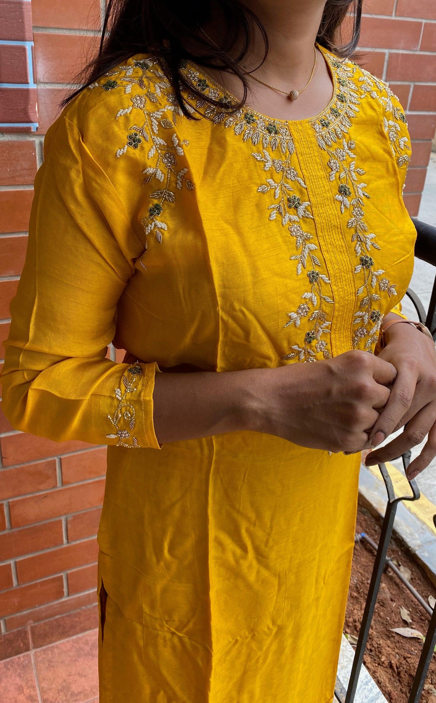 Yellow silk embroidery hand worked kurti top - Threads
