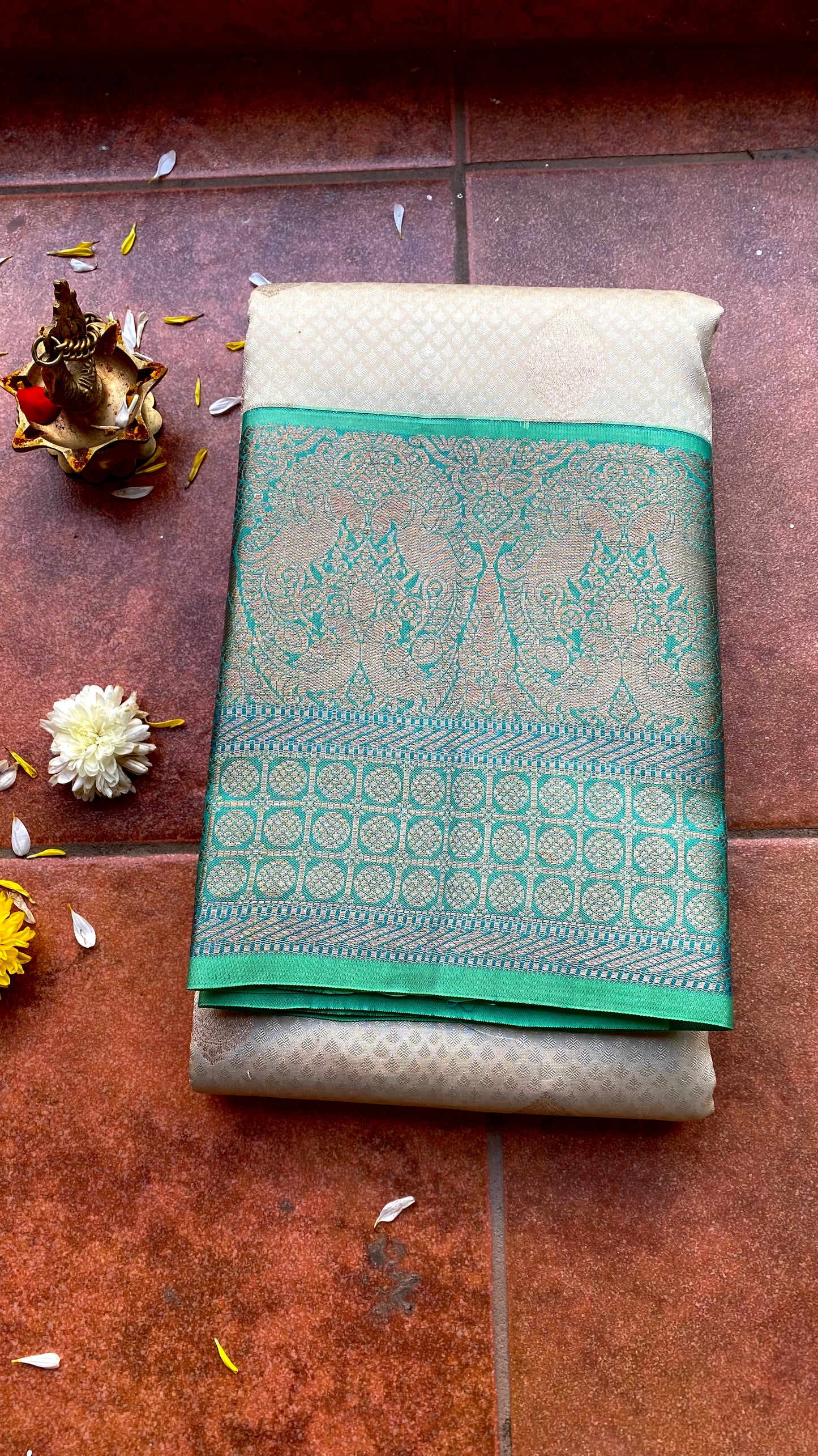 Half white and sea green kanjivaram silk saree with blouse - Threads