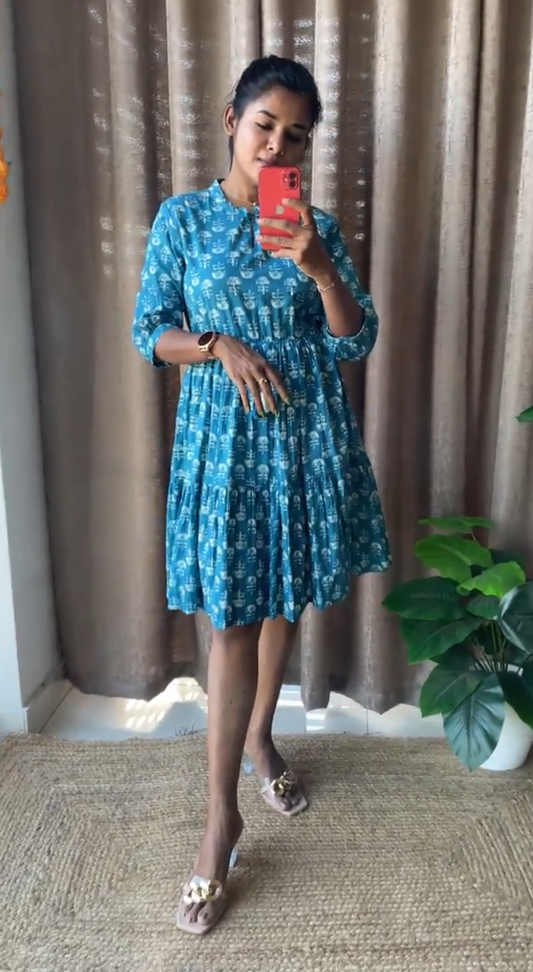 Blue Cotton printed short kurti top