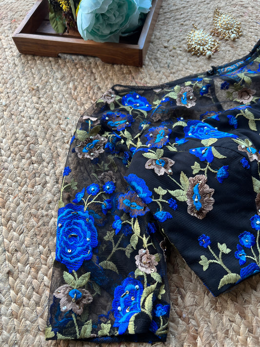 Blue embroidery netted hand work blouse