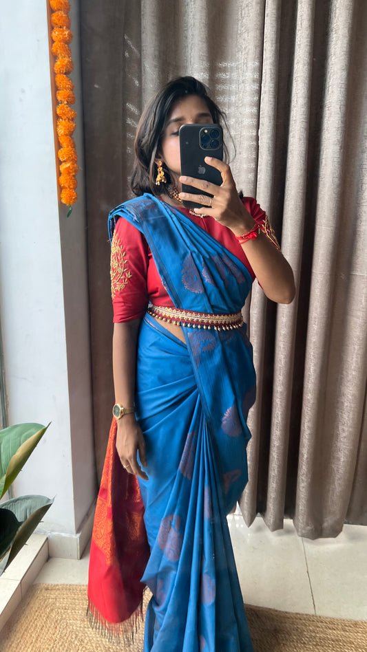 Blue and brown semi silk saree with hand worked blouse - Threads