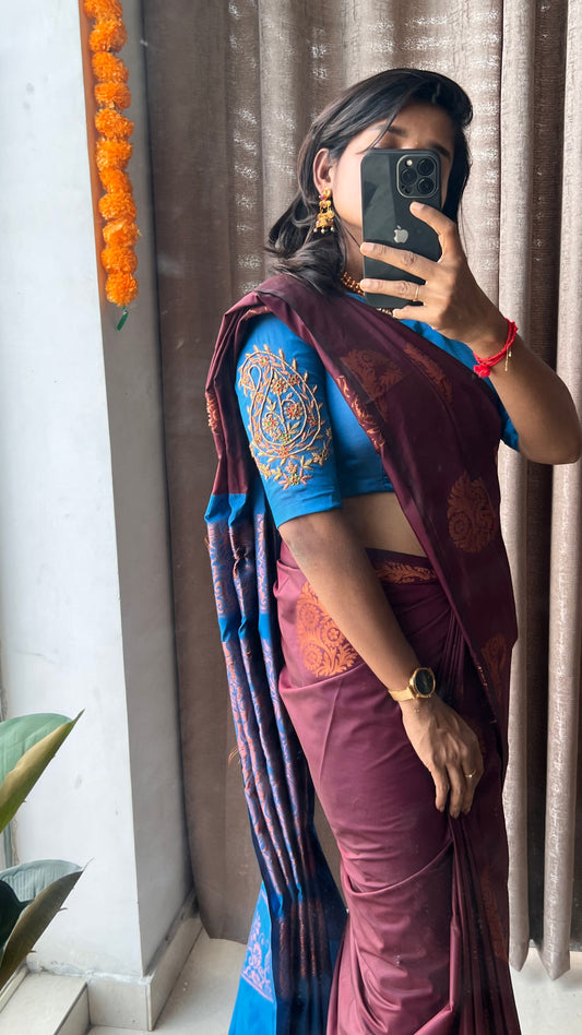 Brown and blue semi silk saree with hand worked blouse - Threads