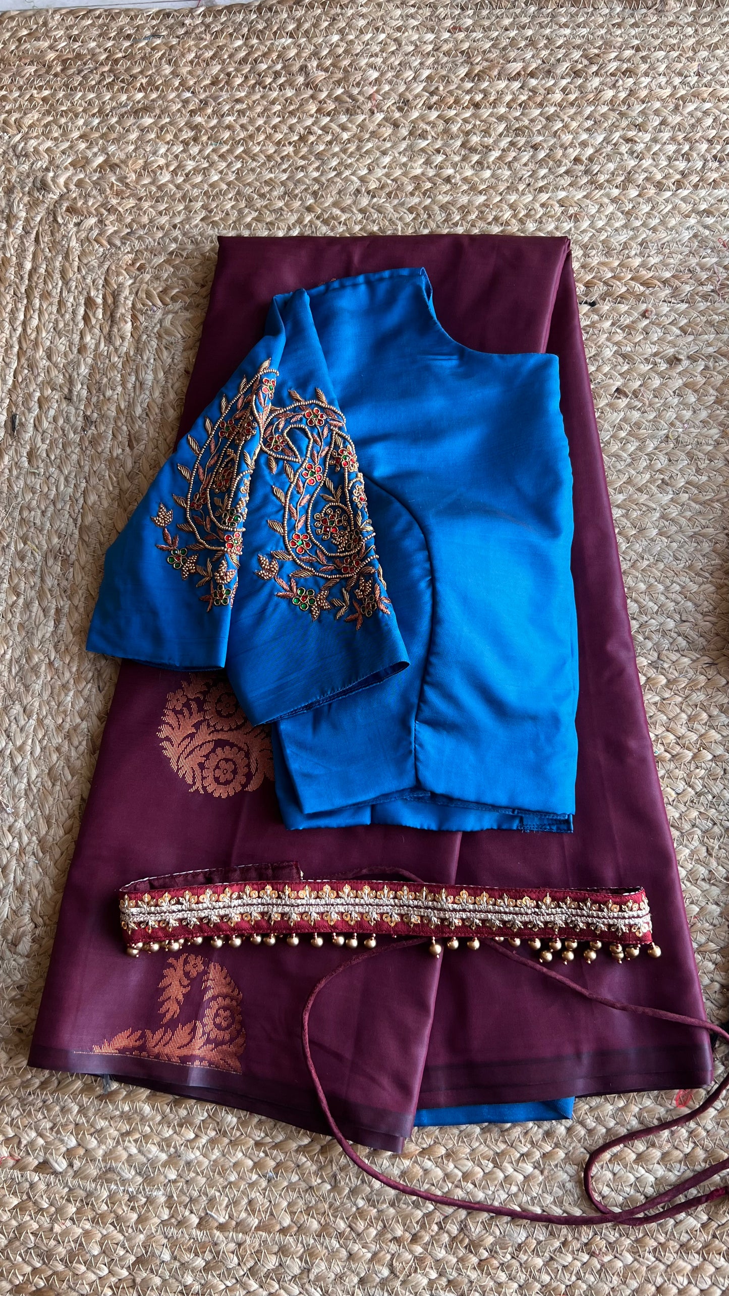 Brown and blue semi silk saree with hand worked blouse - Threads