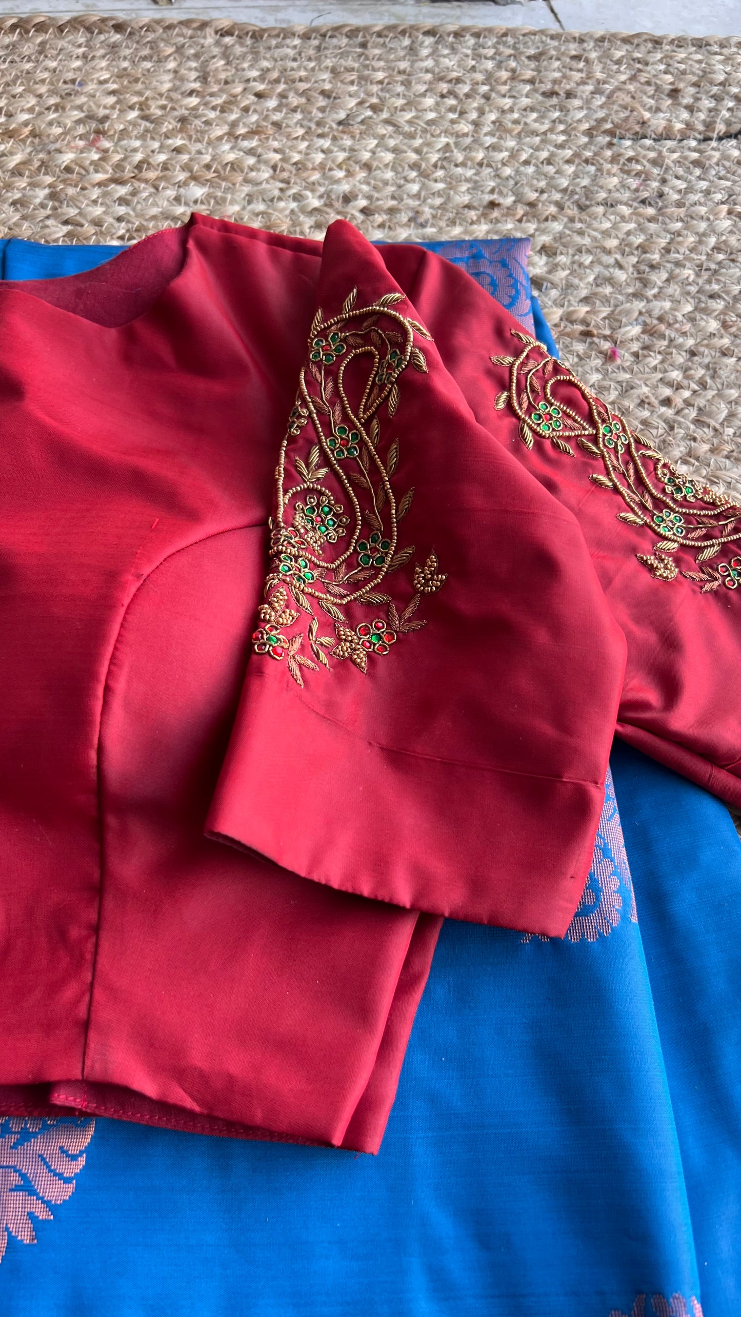 Blue and brown semi silk saree with hand worked blouse - Threads