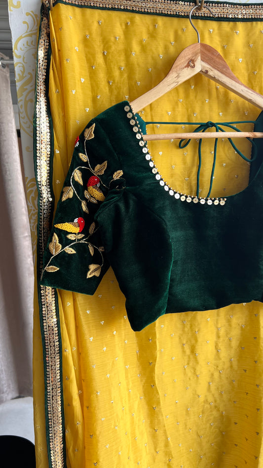 Yellow chinnon saree with green hand worked blouse - Threads