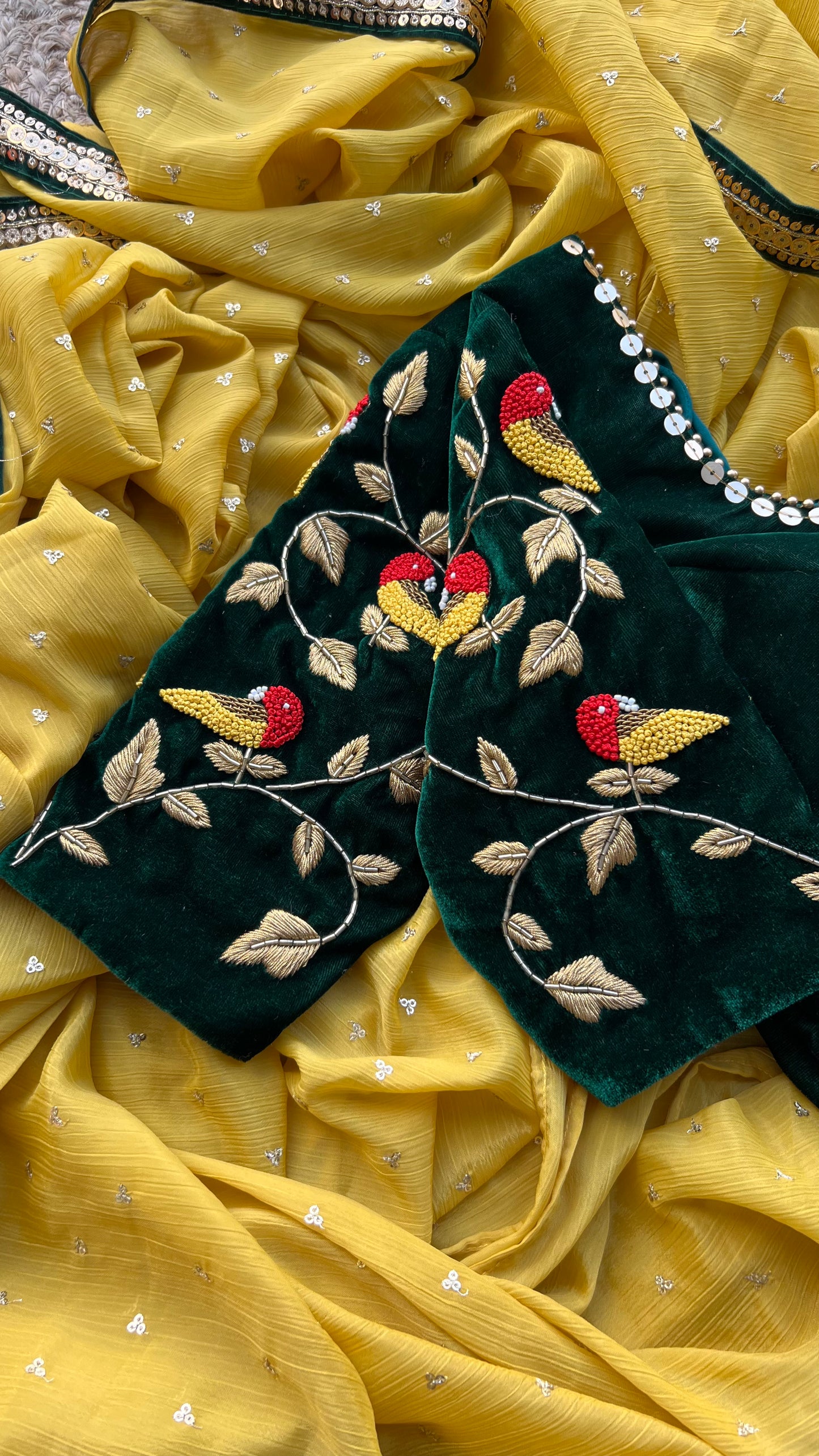 Yellow chinnon saree with green hand worked blouse - Threads