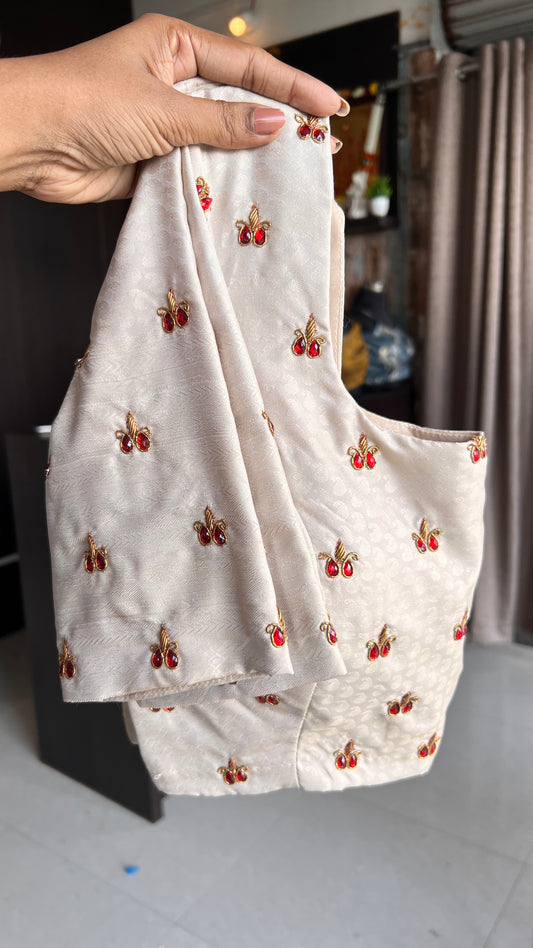 Parrot green and gold silk saree with hand worked blouse - Threads