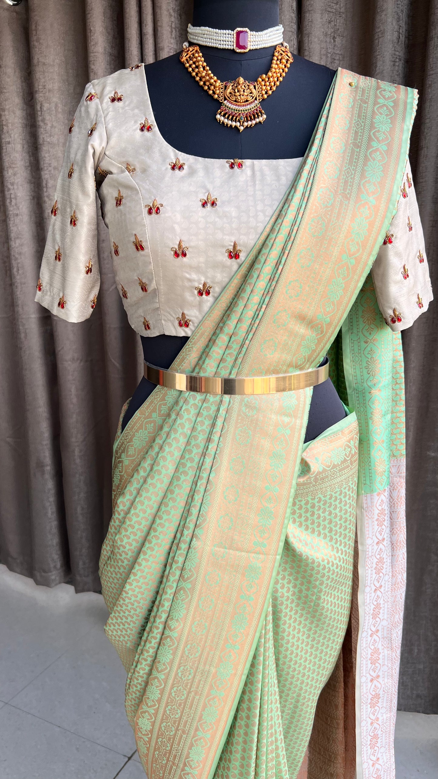 Parrot green and gold silk saree with hand worked blouse - Threads