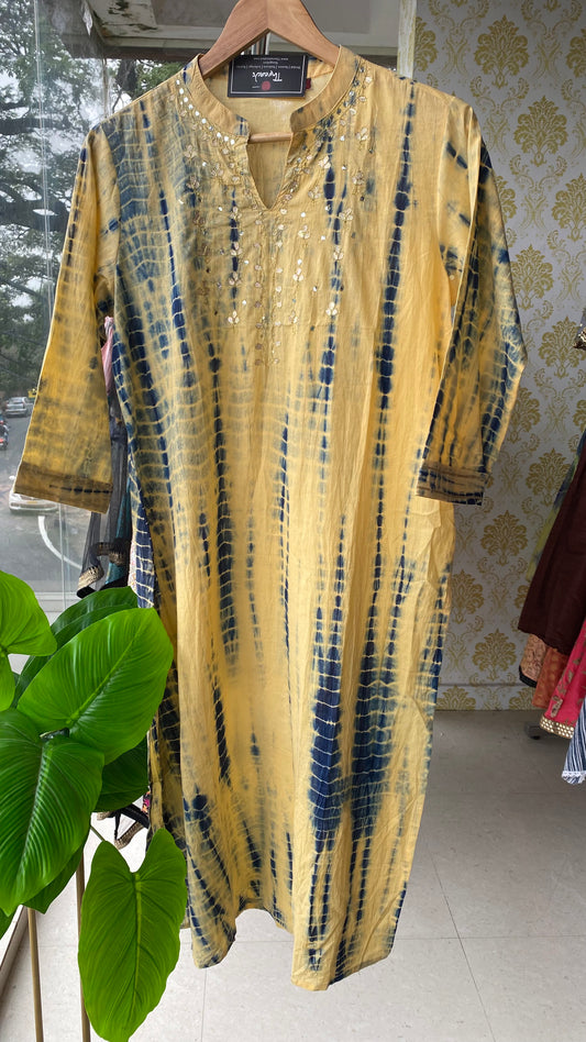 Cream and blue embroidery hand worked kurti top - Threads