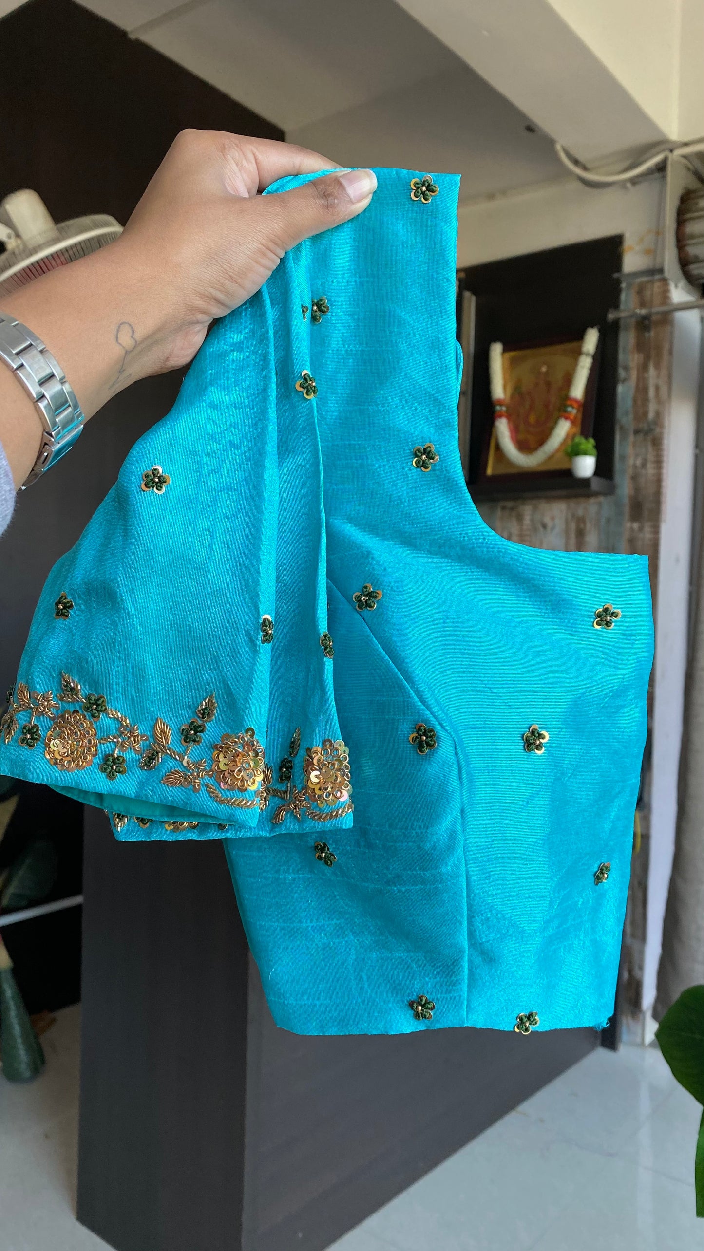 Green organza embroidery saree with hand worked blouse