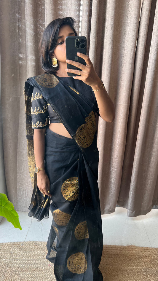 Black and gold chanderi silk saree with Aari worked blouse - Threads