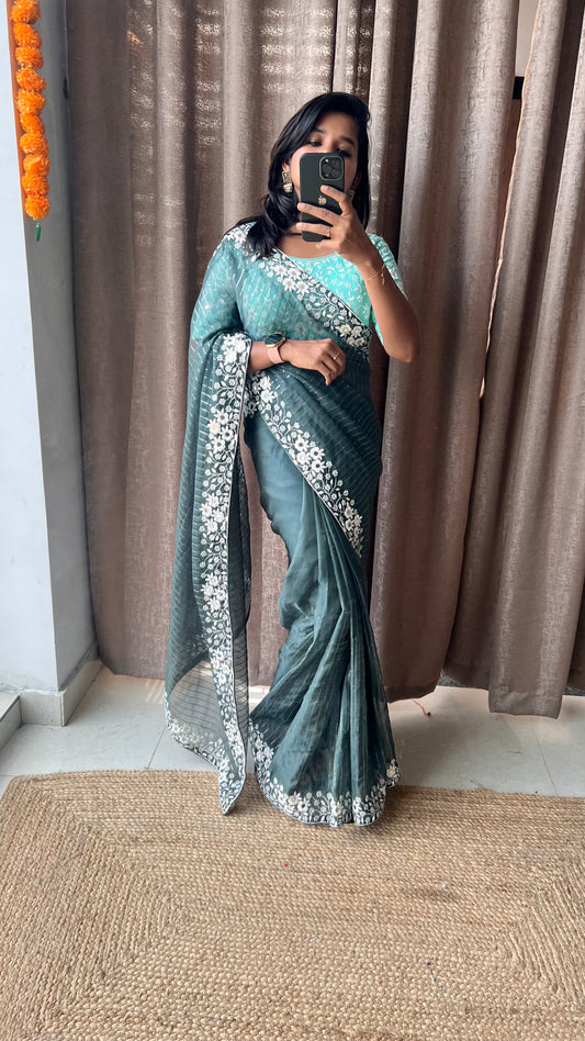 Green and green organza saree with embroidery hand worked blouse - Threads