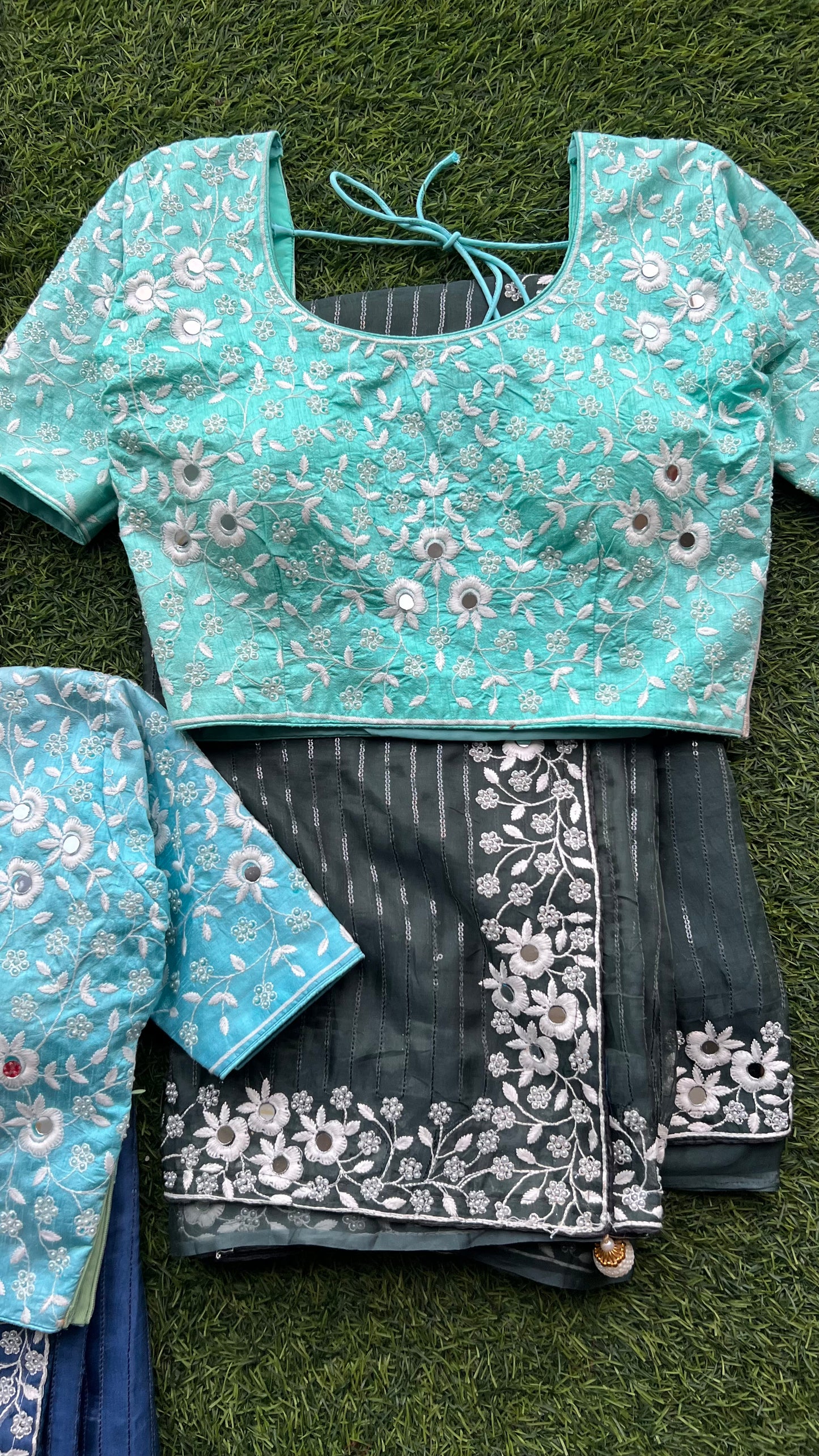 Green and green organza saree with embroidery hand worked blouse - Threads