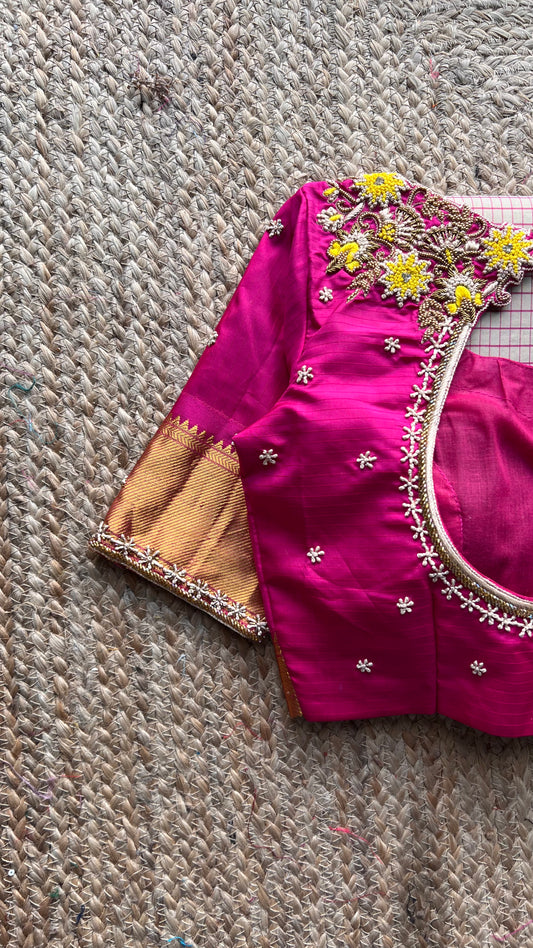 Beige and Pink kanchipuram silk saree with hand worked blouse - Threads