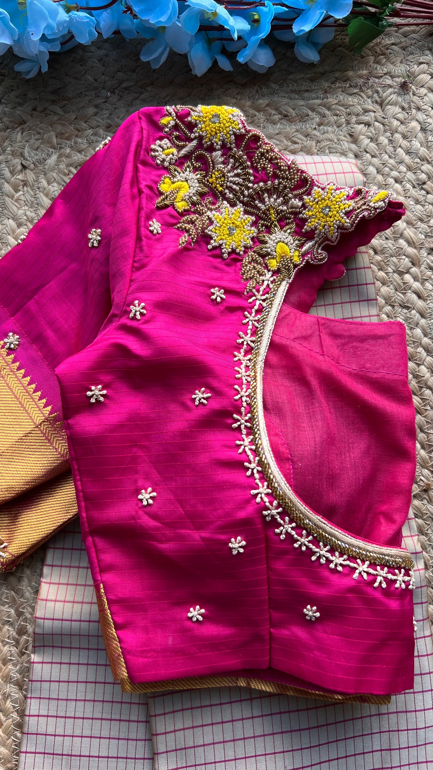 Beige and Pink kanchipuram silk saree with hand worked blouse - Threads