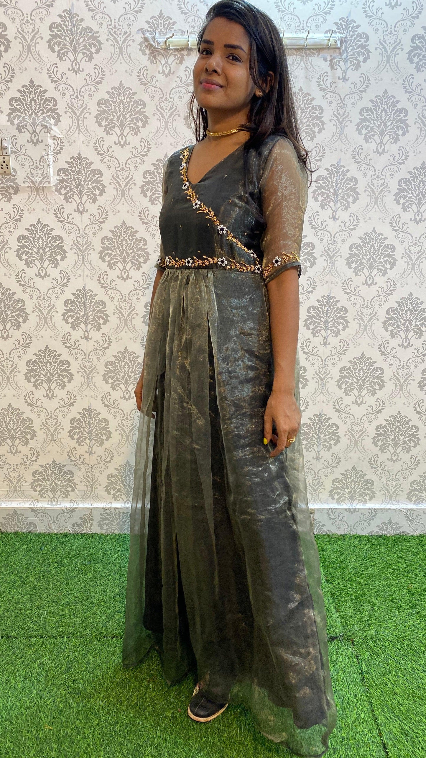 Black Silk orgnaza Worked full length salwar - Threads