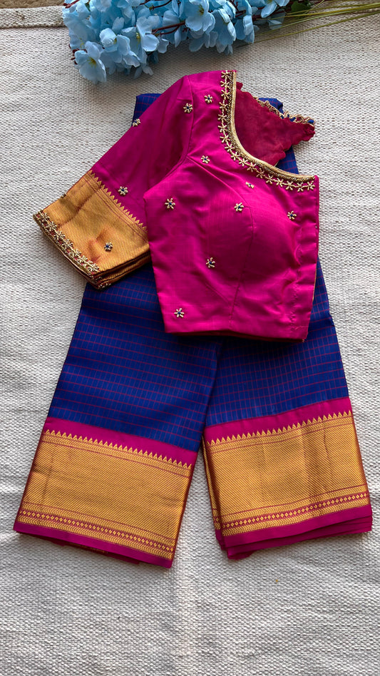 Blue and Pink kanchipuram silk saree with hand worked blouse - Threads