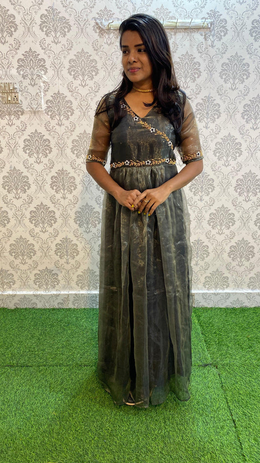 Black Silk orgnaza Worked full length salwar - Threads