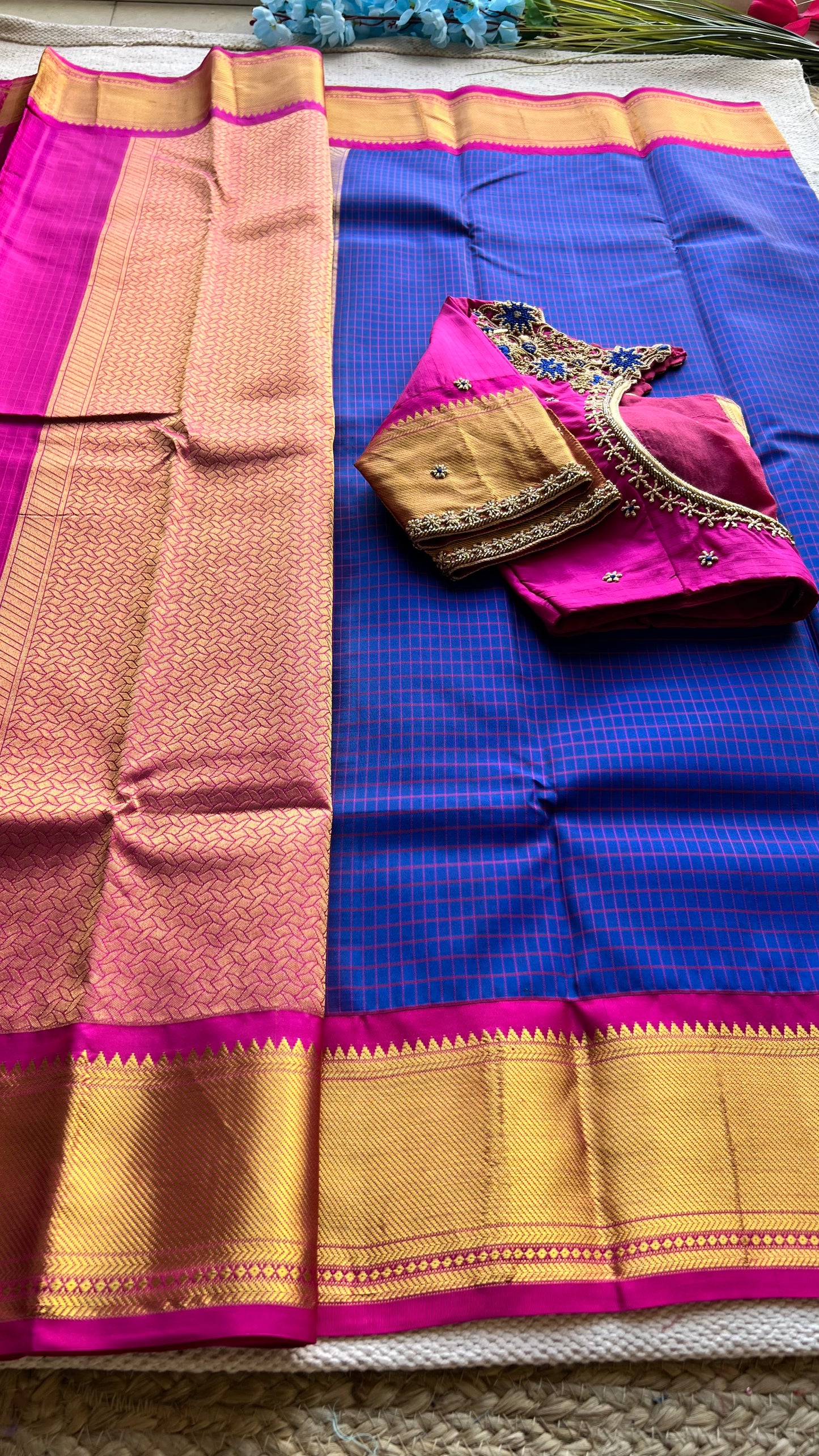 Blue and Pink kanchipuram silk saree with hand worked blouse - Threads