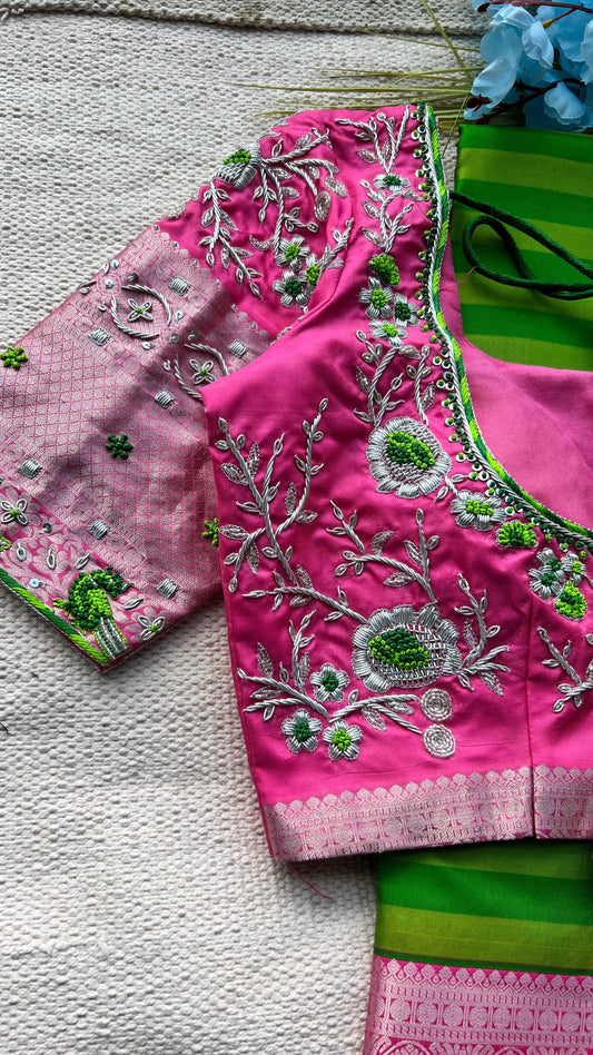 Green and pink kanchipuram silk saree with hand worked blouse - Threads