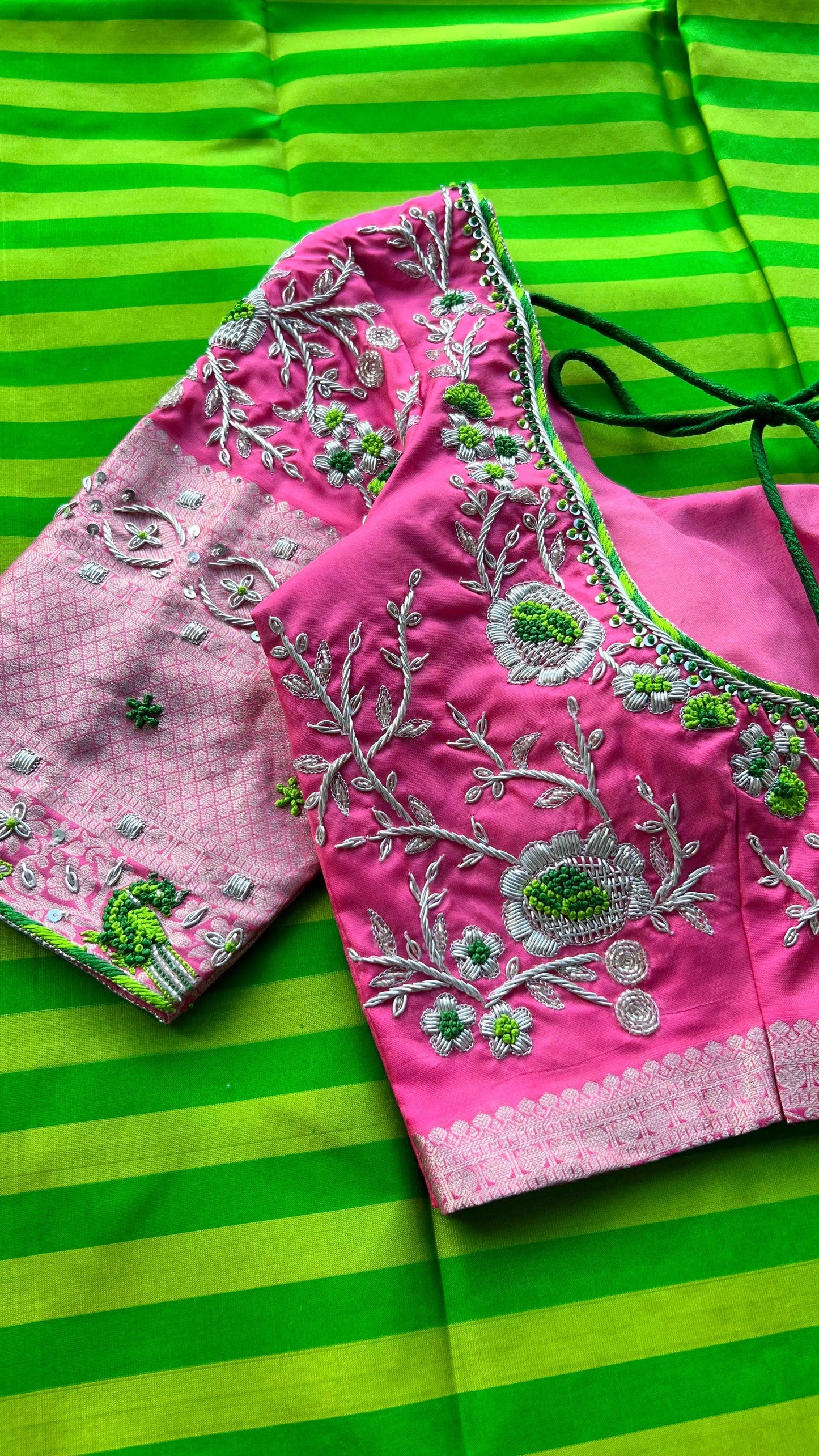 Green and pink kanchipuram silk saree with hand worked blouse - Threads