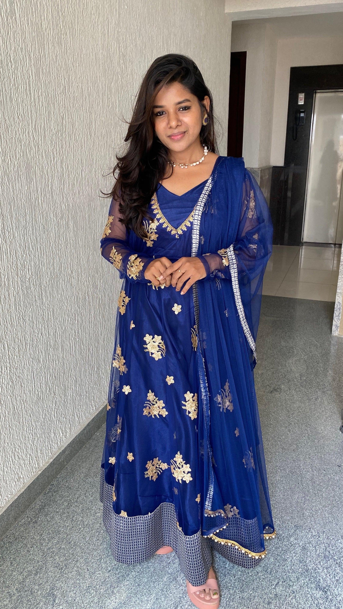 Blue Dawn netted full length salwar with banarasi border - Threads