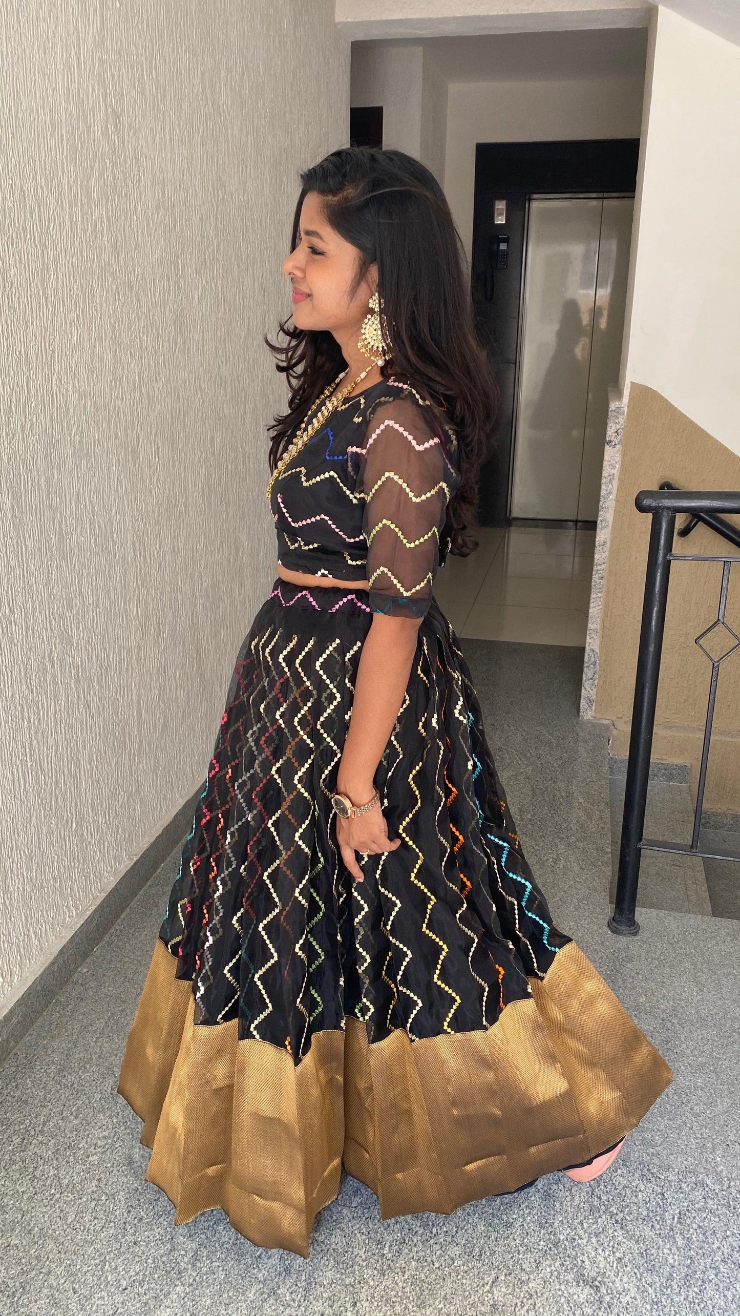 Black Organza embroidery silk bottm women lehenga with stitched blouse - Threads