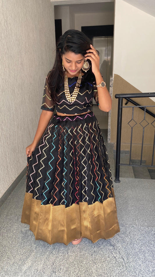 Black Organza embroidery silk bottm women lehenga with stitched blouse - Threads