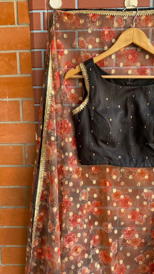 Floral Butta organza Half and Half saree with stitched handworked Blouse - Threads