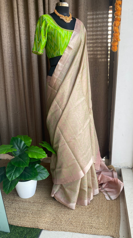 Cream white kanchipuram silk saree with hand worked blouse