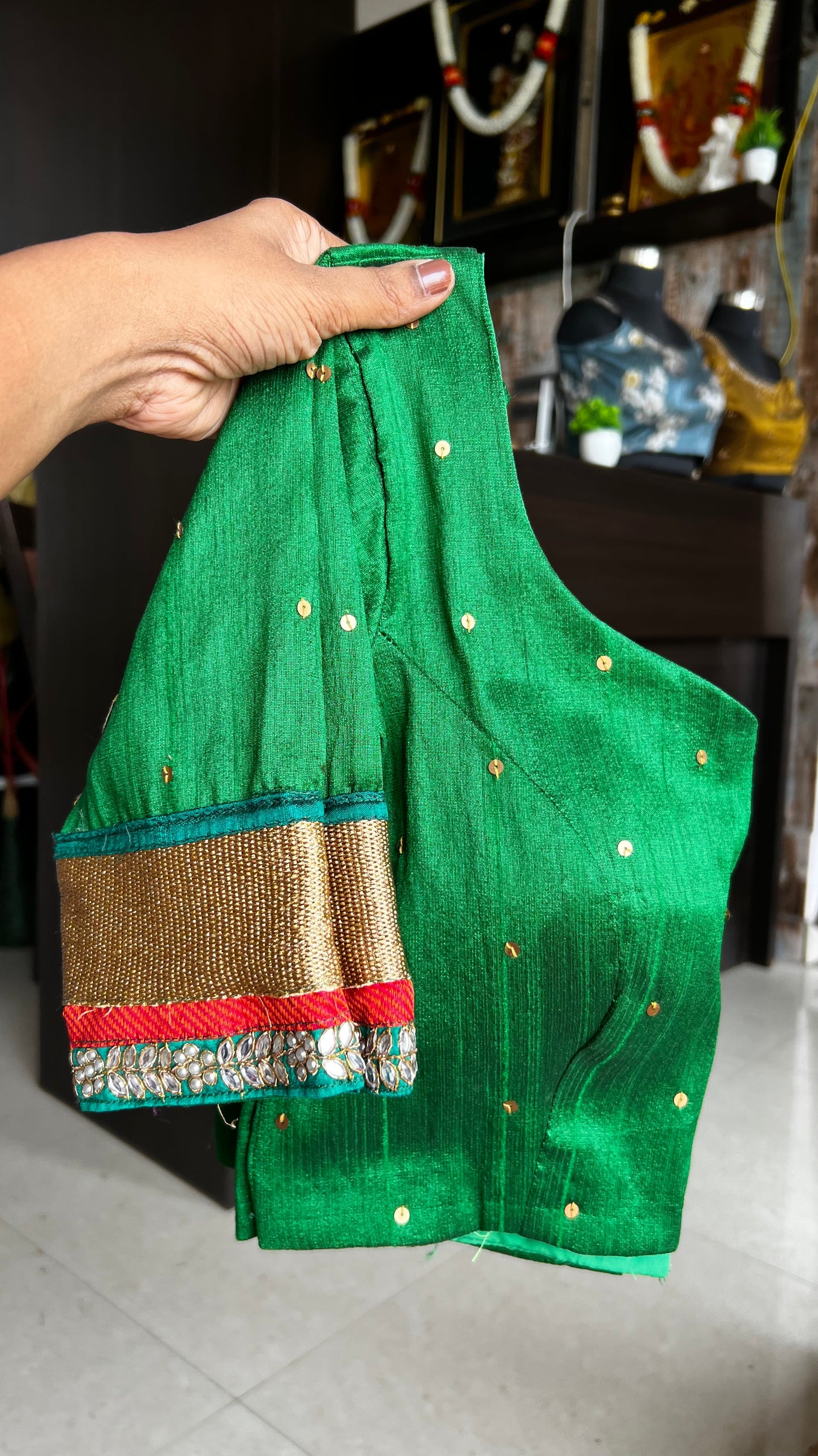Pink Red silk saree with green hand worked blouse - Threads