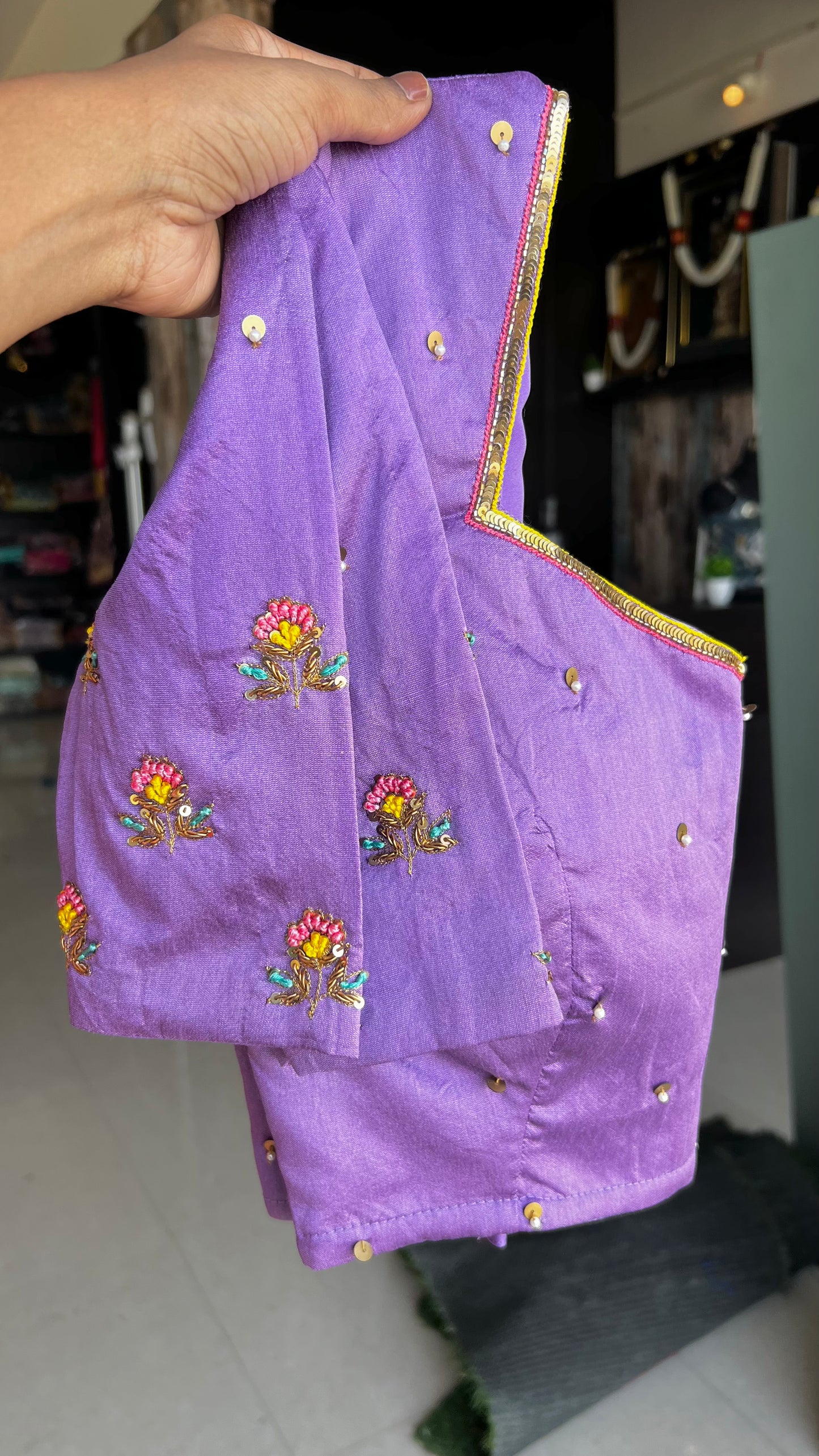 Multicolur chiffon saree with hand worked blouse - Threads
