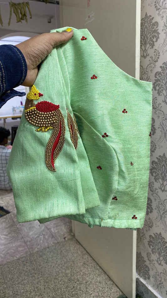Pista Coloured Silk Blouse with Handmade Bird Sleeves. - Threads