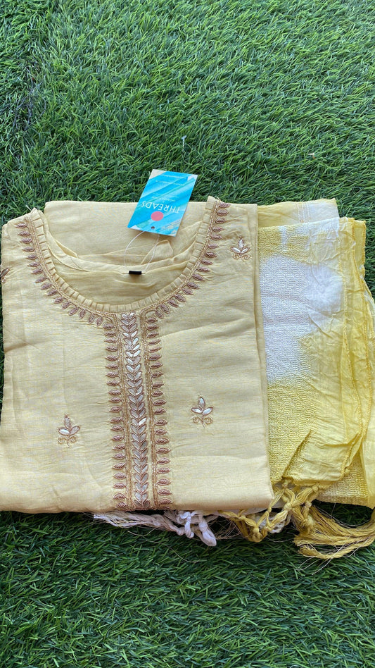 Yellow silk embroidery kurti 2 piece set - Threads