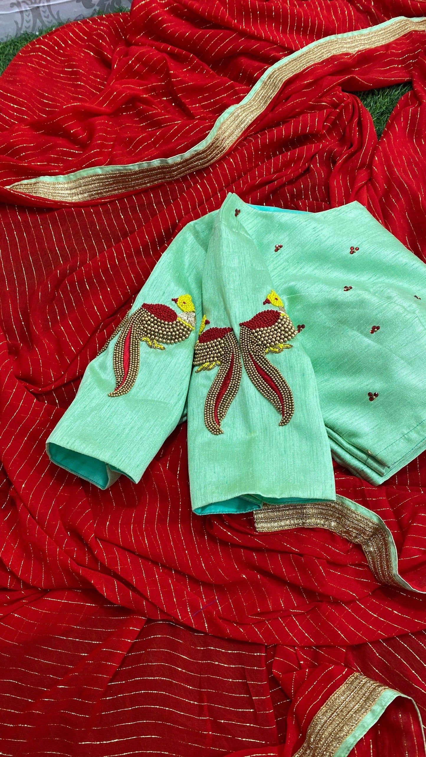Pista Coloured Silk Blouse with Handmade Bird Sleeves. - Threads