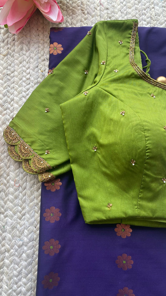 (Free full draping ) Blue silk saree with green hand worked blouse